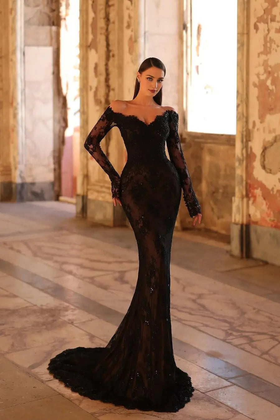 Weitese Dress Elegant Black Lace Long Sleeves Off the Shoulder Mermaid Maxi Dress Party Dress with Beadings Prom Dress